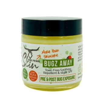 BUGZ AWAY, PRE & POST BUG EXPOSURE, NATURAL INSECT REPELLANT, WHOLE FAMILY SAFE, TOXIN FREE, SOOTHE INSECT BITES, TALLOW BASED