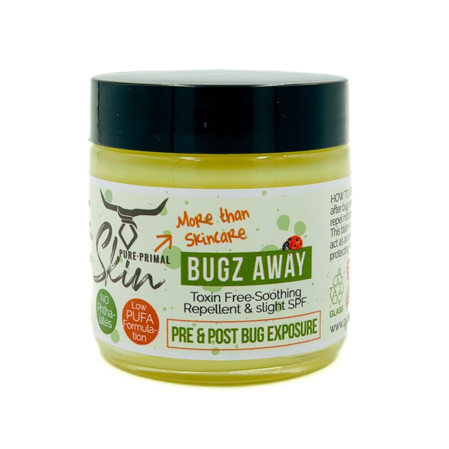 BUGZ AWAY, PRE & POST BUG EXPOSURE, NATURAL INSECT REPELLANT, WHOLE FAMILY SAFE, TOXIN FREE, SOOTHE INSECT BITES, TALLOW BASED