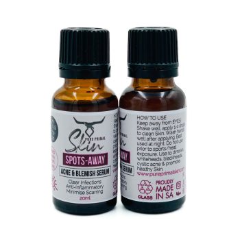 SPOTS AWAY, ACNE & BLEMISH SERUM, LOW PUFA, ANTINFLAMMATORY, CLEAR INFECTIONS, MINIMISE SCARING, VEGAN FRIENDLY, PURE PRIMAL SKIN