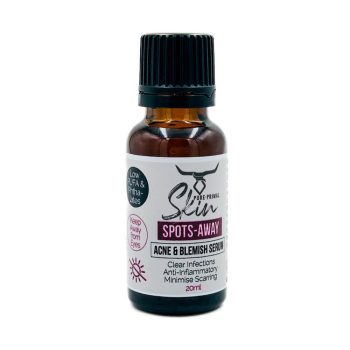 SPOTS AWAY, ACNE & BLEMISH SERUM, LOW PUFA, ANTINFLAMMATORY, CLEAR INFECTIONS, MINIMISE SCARING, VEGAN FRIENDLY, PURE PRIMAL SKIN, ACNE TREATMENT, FEVER BLISTER TREATMENT