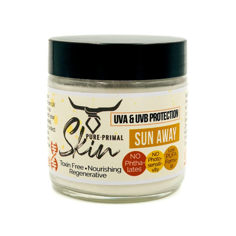 SUN AWAY, NATURAL SUNSCREEN, NON-TOXIC SUNSCREEN, TALLOW BASED, LOW PUFA SKINCARE, PHTHALATE FREE, SUN PROTECTION, NO PHOTOSENSITIVITY