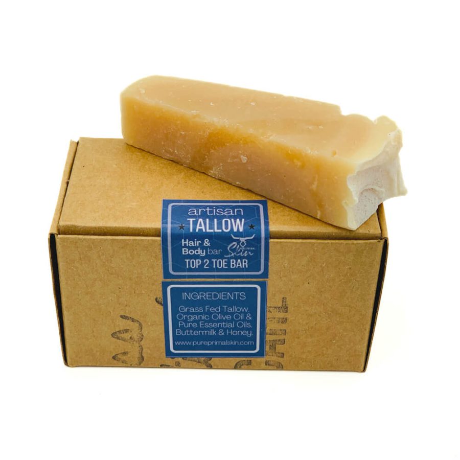 TOP-2-TOE BAR, HAIR SOAP, SHAMPOO SOAP, FACE SOAP, BODY SOAP, TALLOW SOAP, TALLOW BASED, 3-IN-1, MULTIPURPOSE, NATURAL, ECO, GREYWATER SAFE, PURE PRIMAL SKIN, FACE BAR, NORMAL SKIN TYPES