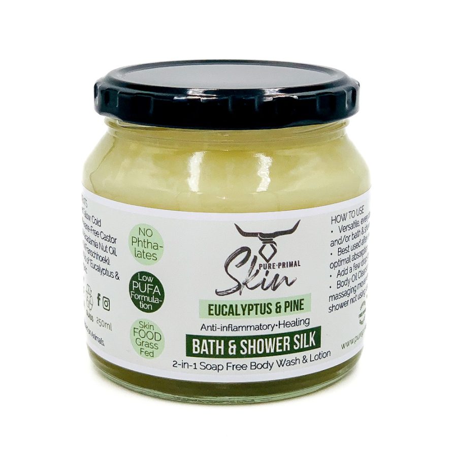 BATH & SHOWER SILKS, 2-in-1 Soap Free Body Wash & Lotion, LOW PUFA SKINCARE, BATH & SHOWER SILKS, EUCALYPTUS & PINE, PHTHALATE FREE SKINCARE