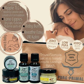 Mama & Baby Care Starter/Travel/Sample Pouch, Leather Pouches, Travel Sized products, Baby Care, Mom Care, Baby & Mom products, Hypoallergenic, Low PUFA Skincare, Phthalate Free Skincare