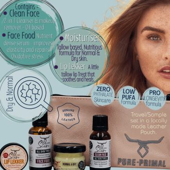 NORMAL & DRY SKIN TYPES, STARTER & TRAVEL POUCH, STARTER KIT, TRAVEL POUCHES, SAMPLE KIT, LOW PUFA SKINCARE, TALLOW BASED SKINCARE, PHTHALATE FREE SKINCARE, NORMAL SKIN, DRY SKIN,