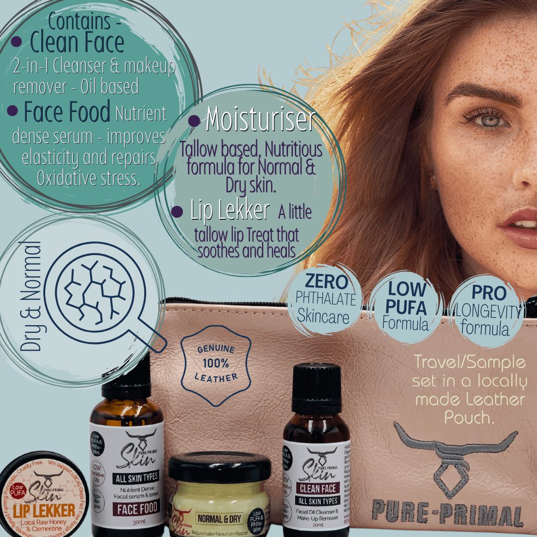 NORMAL & DRY SKIN TYPES, STARTER & TRAVEL POUCH, STARTER KIT, TRAVEL POUCHES, SAMPLE KIT, LOW PUFA SKINCARE, TALLOW BASED SKINCARE, PHTHALATE FREE SKINCARE, NORMAL SKIN, DRY SKIN,