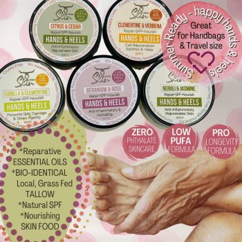 HANDS & HEELS, HAND BALM, HEEL BALM, TALLOW BALM, LOW PUFA SKINCARE, PHTHALATE FREE SKINCARE, LONGEVITY FORMULA, SKIN FOOD, NOURISHING