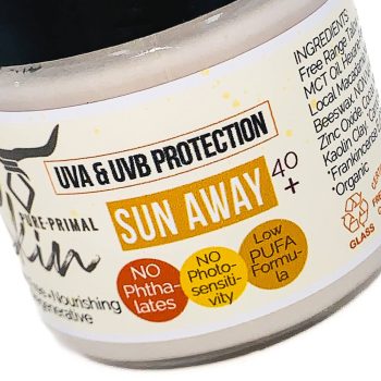 SUN AWAY, NATURAL SUNSCREEN, NON-TOXIC SUNSCREEN, TALLOW BASED, LOW PUFA SKINCARE, PHTHALATE FREE, SUN PROTECTION, NO PHOTOSENSITIVITY