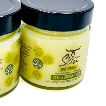 Bath & Shower Silk Unscented Closeup (1) BATH & SHOWER SILK, 2-in-1, Soap Free Body Wash & Lotion, low PUFA skincare, Phthalate Free Skincare, BATH & SHOWER SILK, UNSCENTED, TALLOW BASED, LOW PUFA OILS