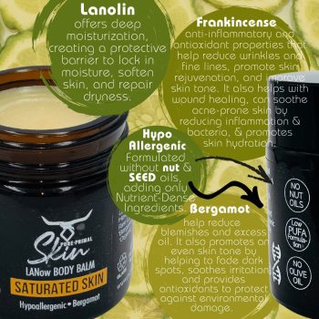 LANOW SATURATED SKIN, LANOW BODY BALM, HYPOALLERGENIC, PREGNANCY SAFE, WHOLE FAMILY SAFE, LANOLIN + TALLOW, LANOLIN, SATURATED SKIN, NATURAL SKINCARE, TALLOW SKINCARE, BODY BALM, PURE PRIMAL SKIN, LANOW, LOW PUFA SKINCARE, PHTHALATE FREE SKINCARE