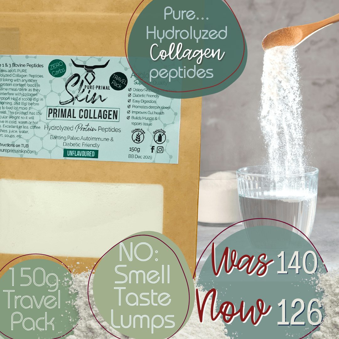 150g Collagen SALE (1) PRIMAL COLLAGEN TRAVEL PACK, AGGLOMERATED & HYDROLISED PEPTIDES