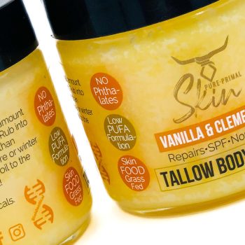Butta Vanilla & Clementine Closeup-2 TALLOW BODY BUTTA, SKIN BUTTA, NATURALLY SCENTED, TALLOW BASED, BODY BUTTA