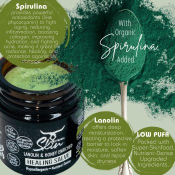 HEALING SALVE, HYPOALLERGENIC, LANOLIN, TALLOW BASED, LANOW, HONEY ENRICHED, LOW PUFA, NUTRIENT DENSE, PHTHALATE FREE SKINCARE, NATURAL SKINCARE, PREGNANCY SAFE, SPIRULINA