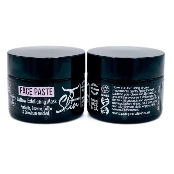 LANow Face PASTE Directions-2 LANOW FACE PASTE, EXFOLIATING MASK, PREBIOTIC, ENZYME, COLOSTRUM ENRICHED, LOW PUFA SKINCARE, LANOW, NATURAL SKINCARE, 2-IN-1