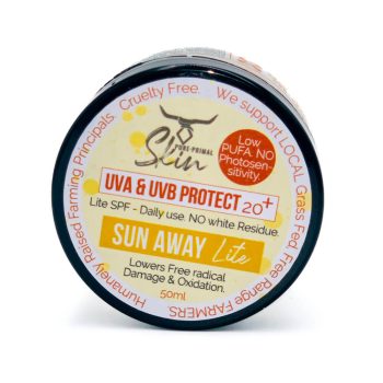 SUN AWAY LITE, UVA & UVA SUNSCREEN, SPF 20+, LOW PUFA SKINCARE, ZERO PHTHALATES, NON-TOXIC, NATURAL SUNSCREEN