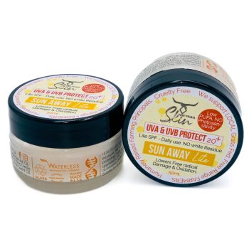 SUN AWAY LITE, UVA & UVA SUNSCREEN, SPF 20+, LOW PUFA SKINCARE, ZERO PHTHALATES, NON-TOXIC, NATURAL SUNSCREEN