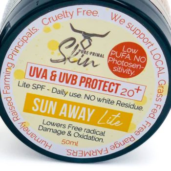 SUN AWAY LITE, UVA & UVA SUNSCREEN, SPF 20+, LOW PUFA SKINCARE, ZERO PHTHALATES, NON-TOXIC, NATURAL SUNSCREEN