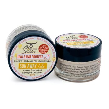 SUN AWAY LITE, UVA & UVA SUNSCREEN, SPF 20+, LOW PUFA SKINCARE, ZERO PHTHALATES, NON-TOXIC, NATURAL SUNSCREEN, NO WHITE RESIDUE