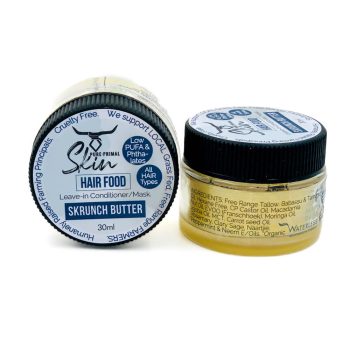 Skrunch Butter Ingredients 30ml-2 SKRUNCH BUTTER, TALLOW HAIR MASK, BEARD BUTTER, MULTIPURPOSE, TALLOW BASED, NATURAL, PHTHALATE FREE, LOW PUFA, HAIR FOOD, NOURISHING, REPAIR SERUM, REPAIR MASK, HAIR REPAIR