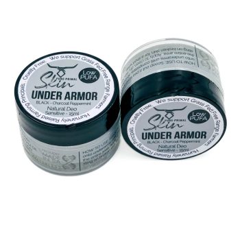 Under Armor Sensitive Black 15ml Top-2 UNDER ARMOR, SENSITIVE SKIN TYPES, NATURAL DEODORANT, TALLOW BASED, WATERLESS SKINCARE, CHEMICAL FREE, LOW PUFA, PHTHALATE FREE, SENSITIVE SKIN, SENSITIVE UNDERARMS, NON CARCINOGENIC, WITH MAGNESIUM