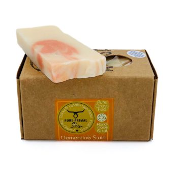 CLEMENTINE SWIRL, TALLOW SOAP, NATURALLY SCENTED TALLOW SOAP, PURE PRIMAL SKIN, SHEEP TALLOW, BATH SOAP, ARTISAN SOAPS