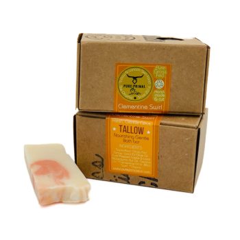 CLEMENTINE SWIRL, TALLOW SOAP, NATURALLY SCENTED TALLOW SOAP, PURE PRIMAL SKIN, SHEEP TALLOW, BATH SOAP, ARTISAN SOAPS