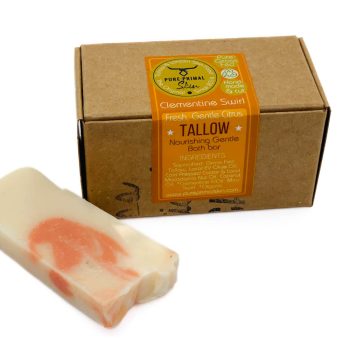 CLEMENTINE SWIRL, TALLOW SOAP, NATURALLY SCENTED TALLOW SOAP, PURE PRIMAL SKIN, SHEEP TALLOW, BATH SOAP, ARTISAN SOAPS