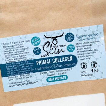 Primal Collagen 500g Closeup-2 PRIMAL COLLAGEN, COLLAGEN, TYPE I & III, COLLAGEN PEPTIDES, AGGLOMERATED, HYDROLISED, PURE, UNFLAVOURED, PURE, DIABETIC FRIENDLY, ZERO CARBS