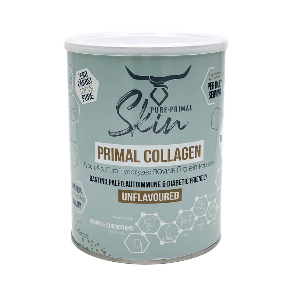 Primal Collagen 500g Tin-2 PRIMAL COLLAGEN, COLLAGEN, TYPE I & III, COLLAGEN PEPTIDES, AGGLOMERATED, HYDROLISED, PURE, UNFLAVOURED, PURE, DIABETIC FRIENDLY, ZERO CARBS