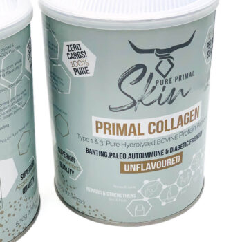 Primal Collagen Tin Closeup-2 PRIMAL COLLAGEN, COLLAGEN, TYPE I & III, COLLAGEN PEPTIDES, AGGLOMERATED, HYDROLISED, PURE, UNFLAVOURED, PURE, DIABETIC FRIENDLY, ZERO CARBS