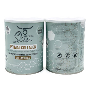 Primal Collagen Tin Nutritional Facts-2 PRIMAL COLLAGEN, COLLAGEN, TYPE I & III, COLLAGEN PEPTIDES, AGGLOMERATED, HYDROLISED, PURE, UNFLAVOURED, PURE, DIABETIC FRIENDLY, ZERO CARBS